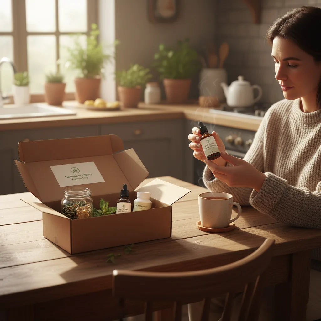Unboxing herbal respiratory bundle in warm kitchen