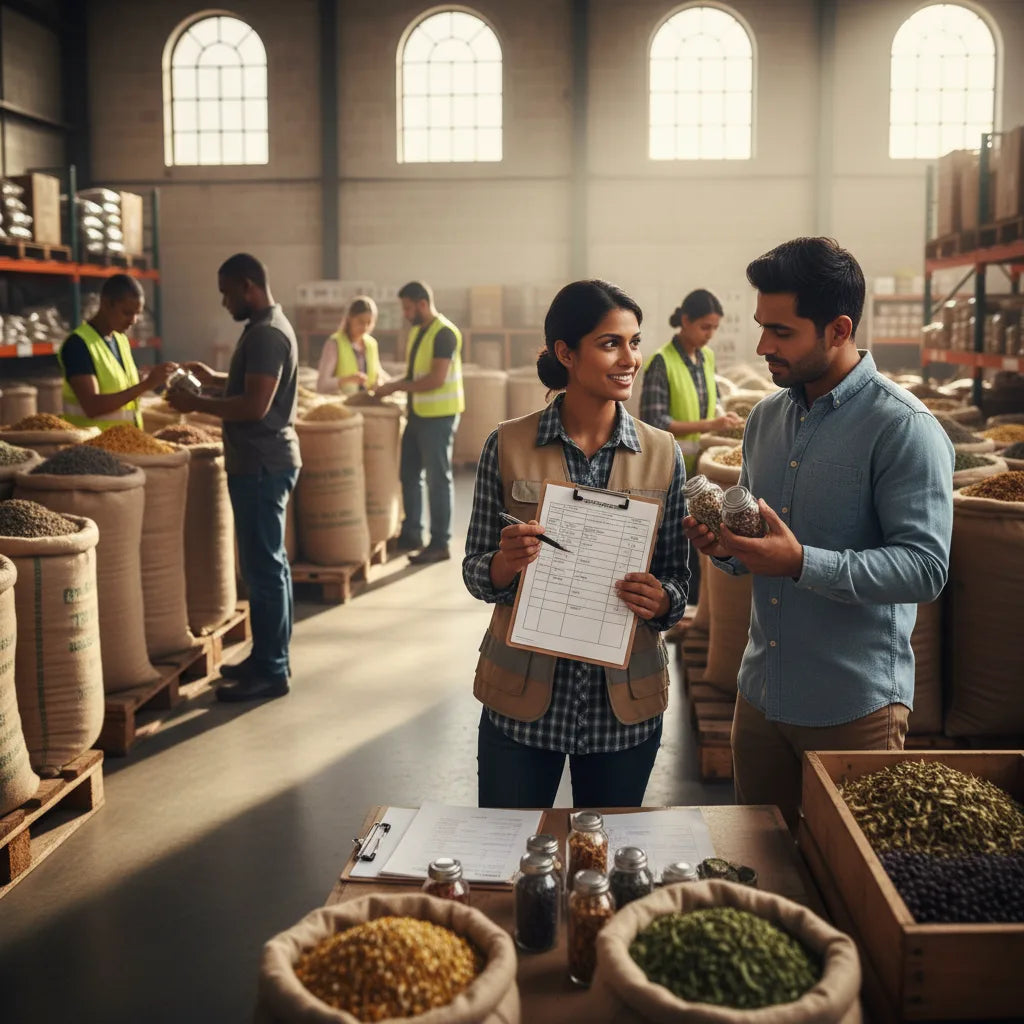 Warehouse staff and retailer discuss herbal sourcing