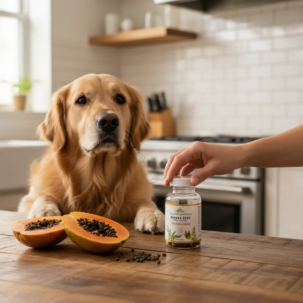 Dog watching owner check supplement capsule.