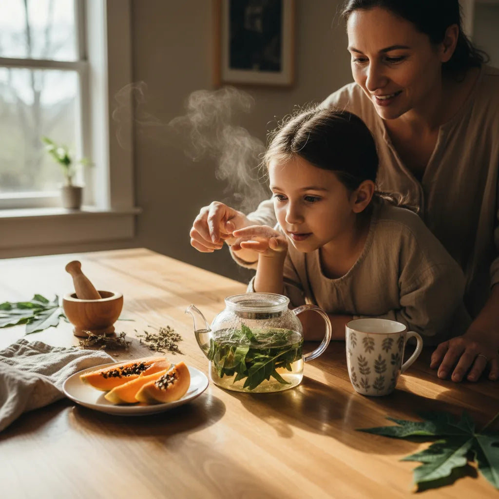 Parent and child brewing papaya leaf tea