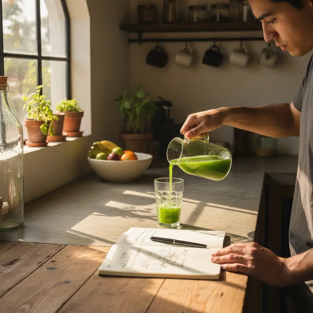 Pouring fresh papaya leaf juice at home