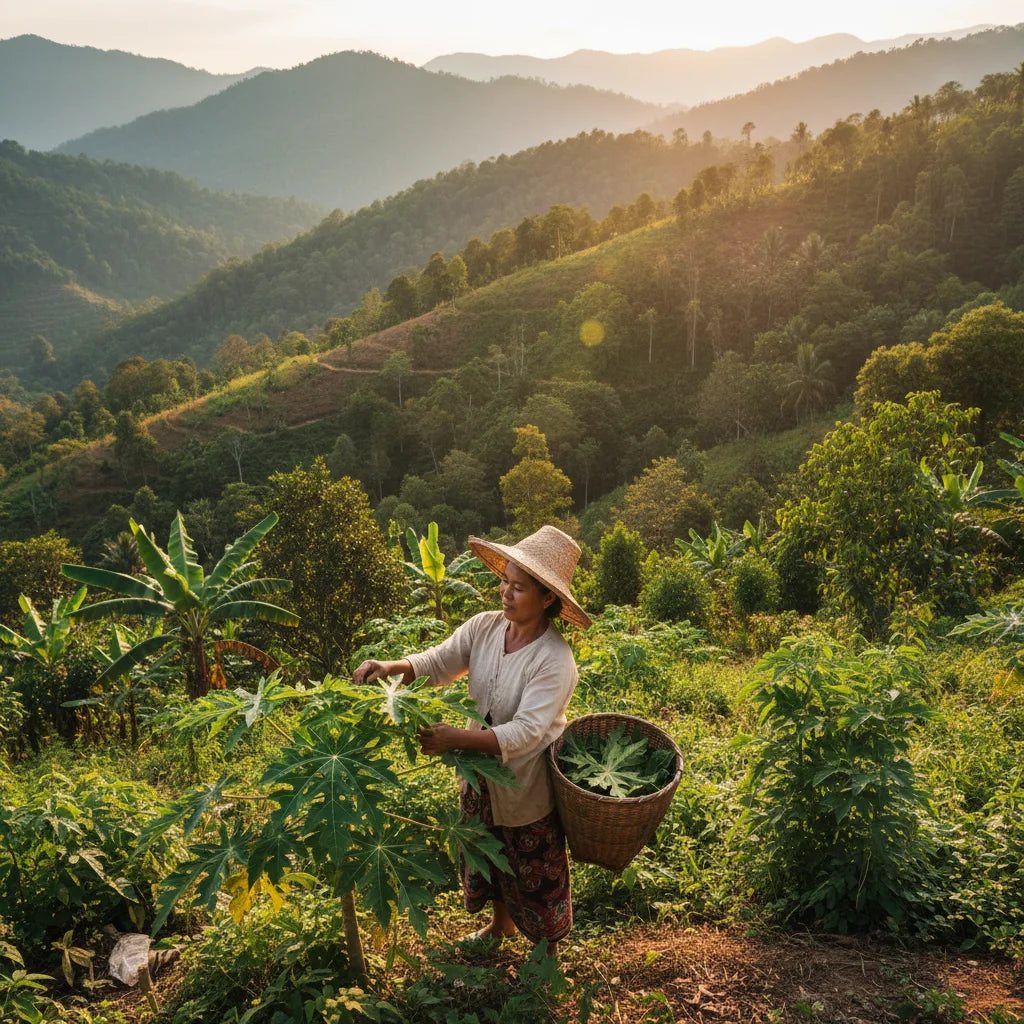 Woman harvesting papaya leaves at sunset