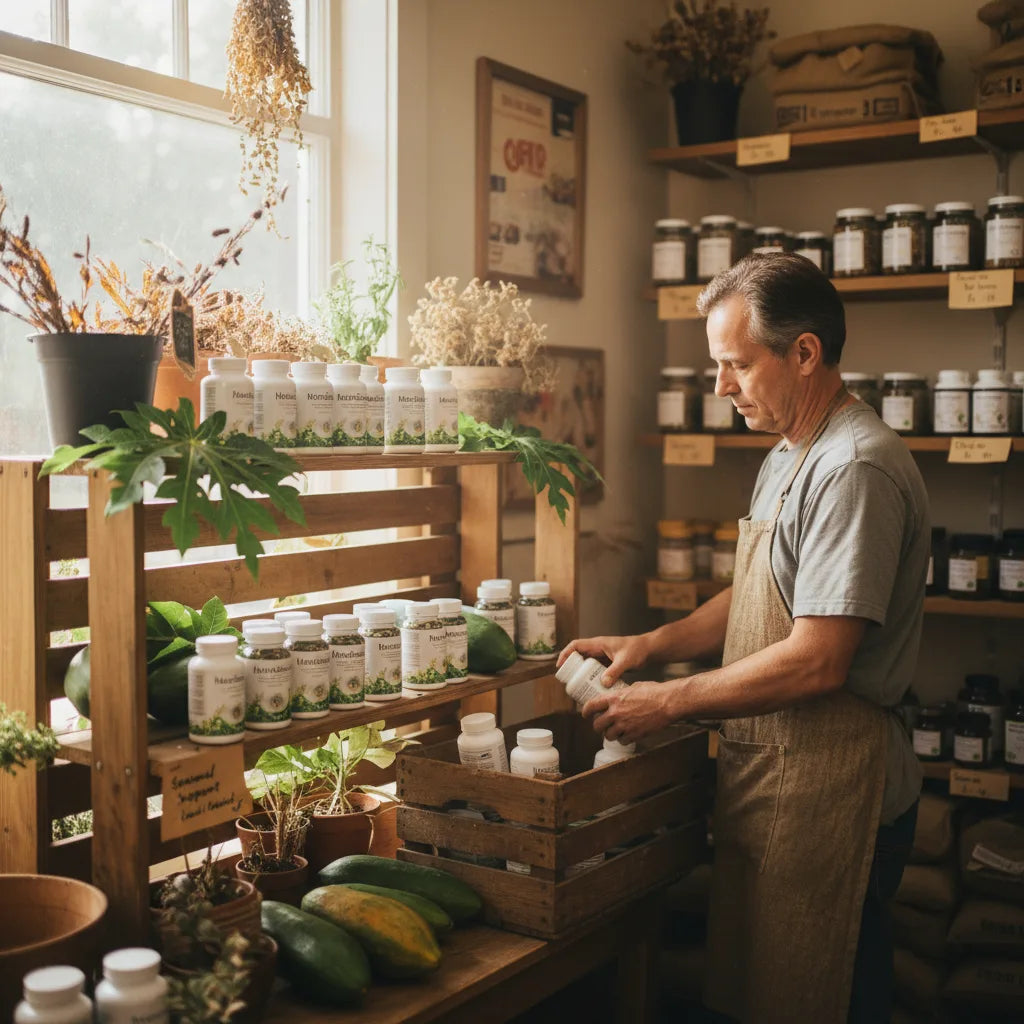 Papaya leaf supplements partial shelf in shop