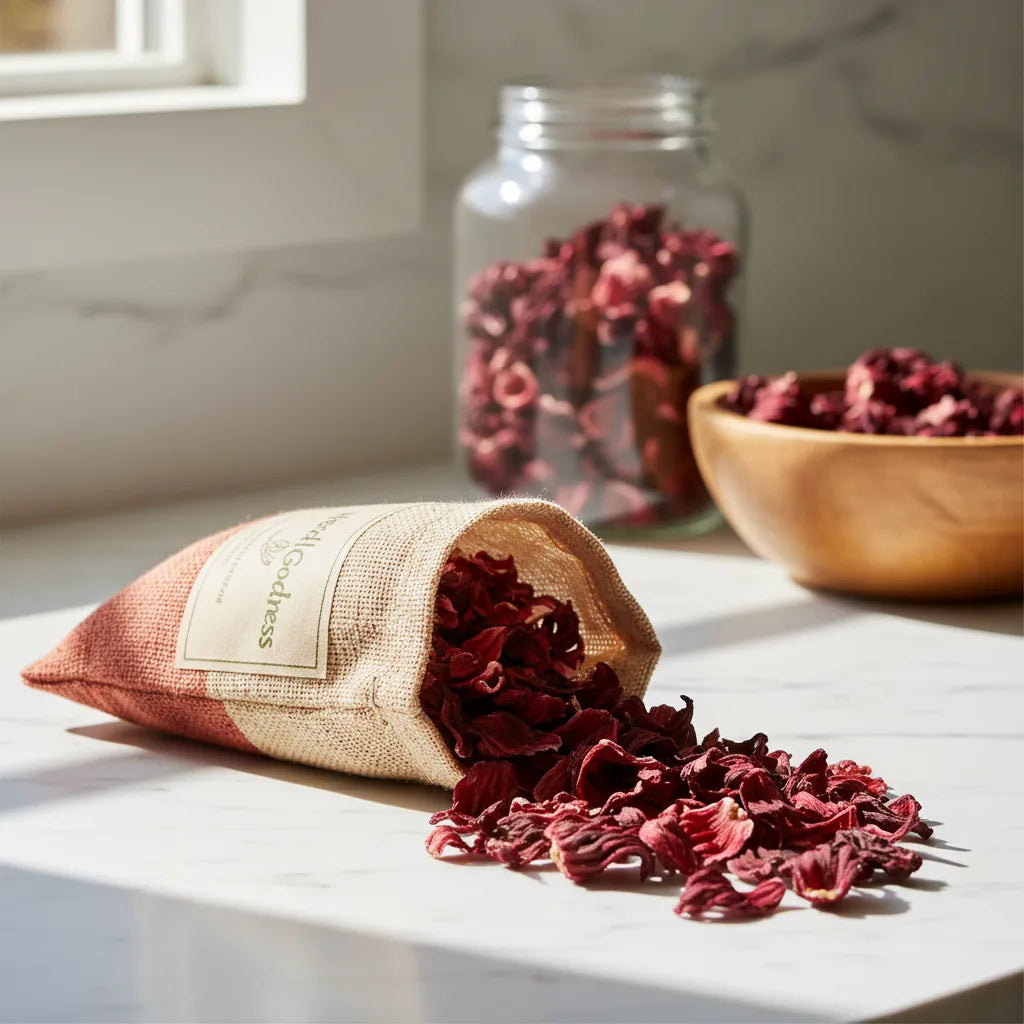 Dried hibiscus petals and pouch in kitchen