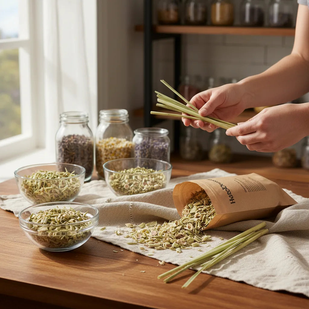 Sunlit table with assorted dried lemongrass.