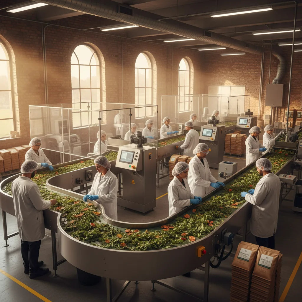 Team inspects herbs in bright factory