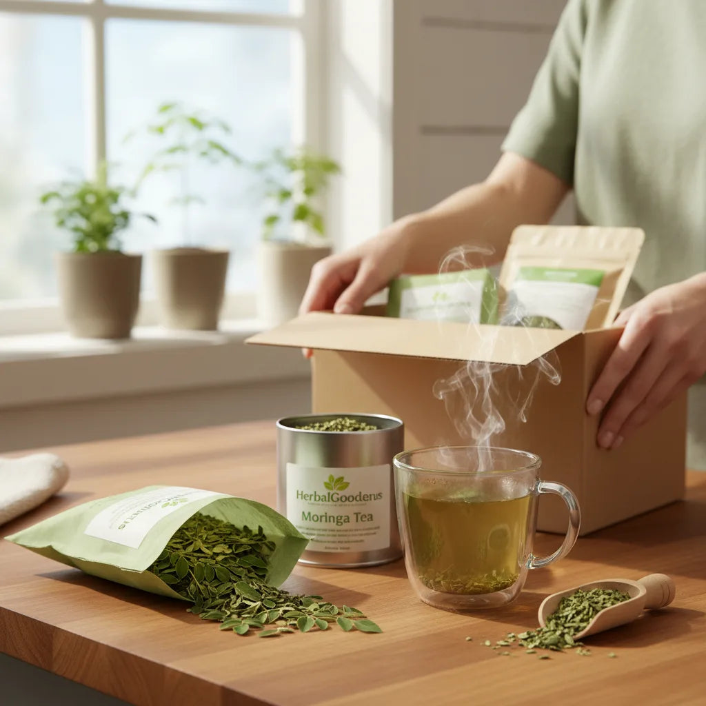 Unpacking compostable moringa tea at home