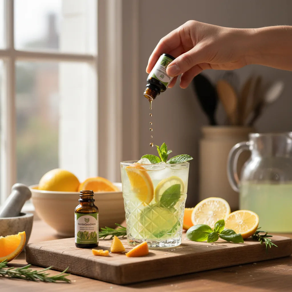 Pouring herbal drops into fresh mocktail scene
