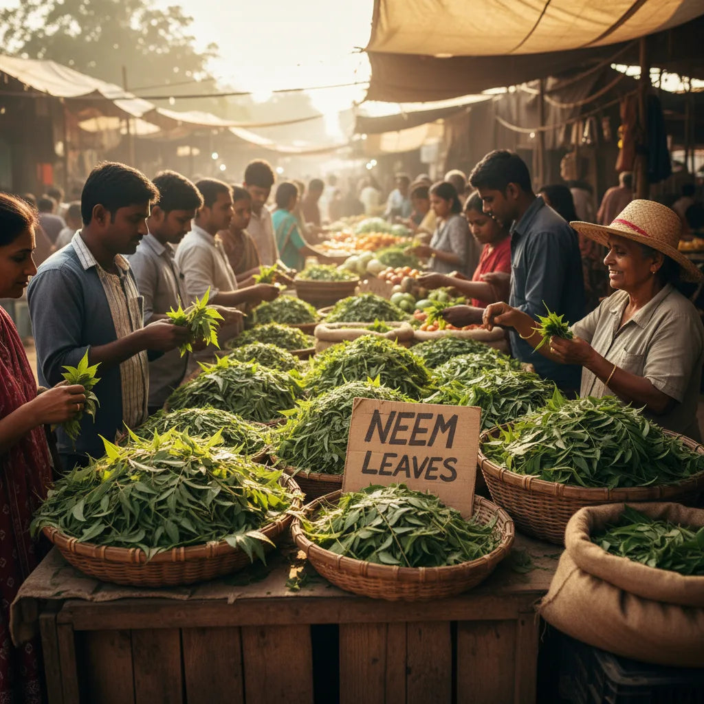 Shoppers explore fresh neem leaves at market