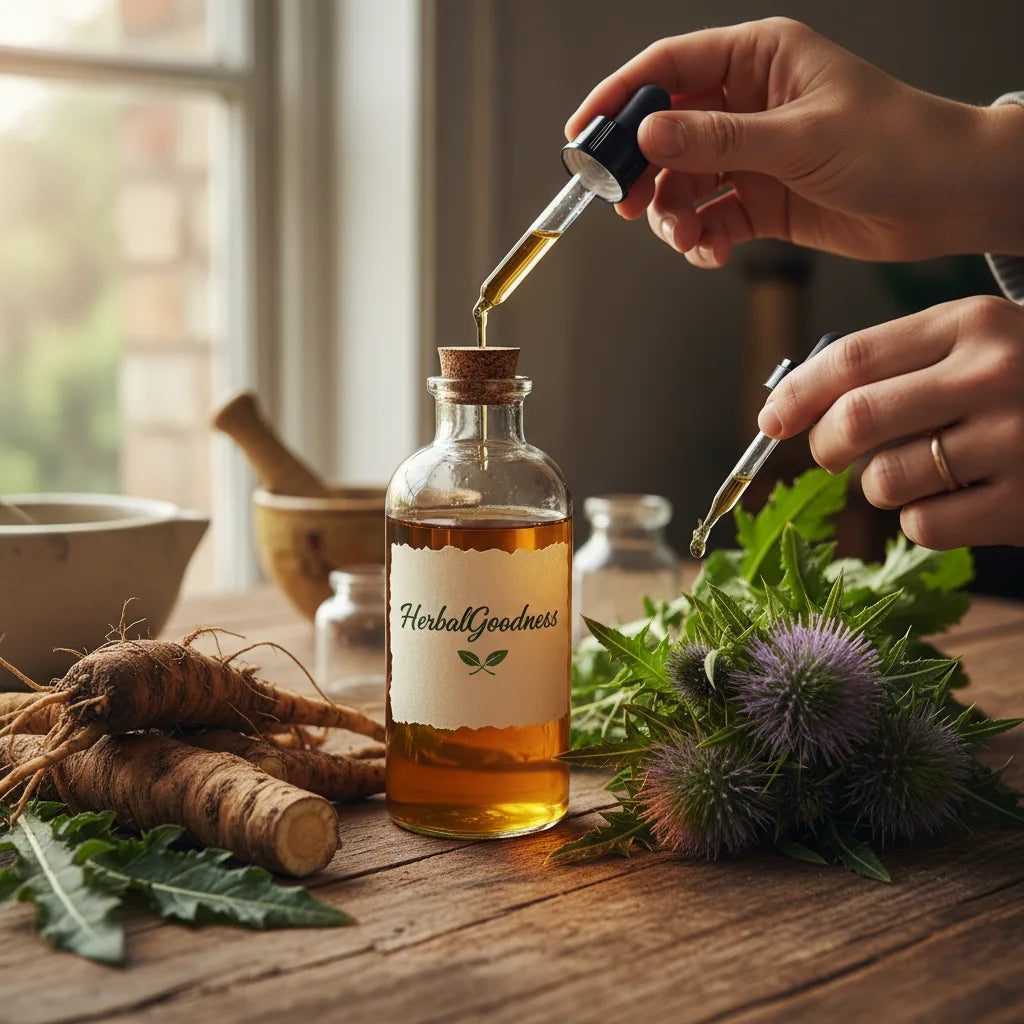 Pouring herbal extract surrounded by fresh botanicals