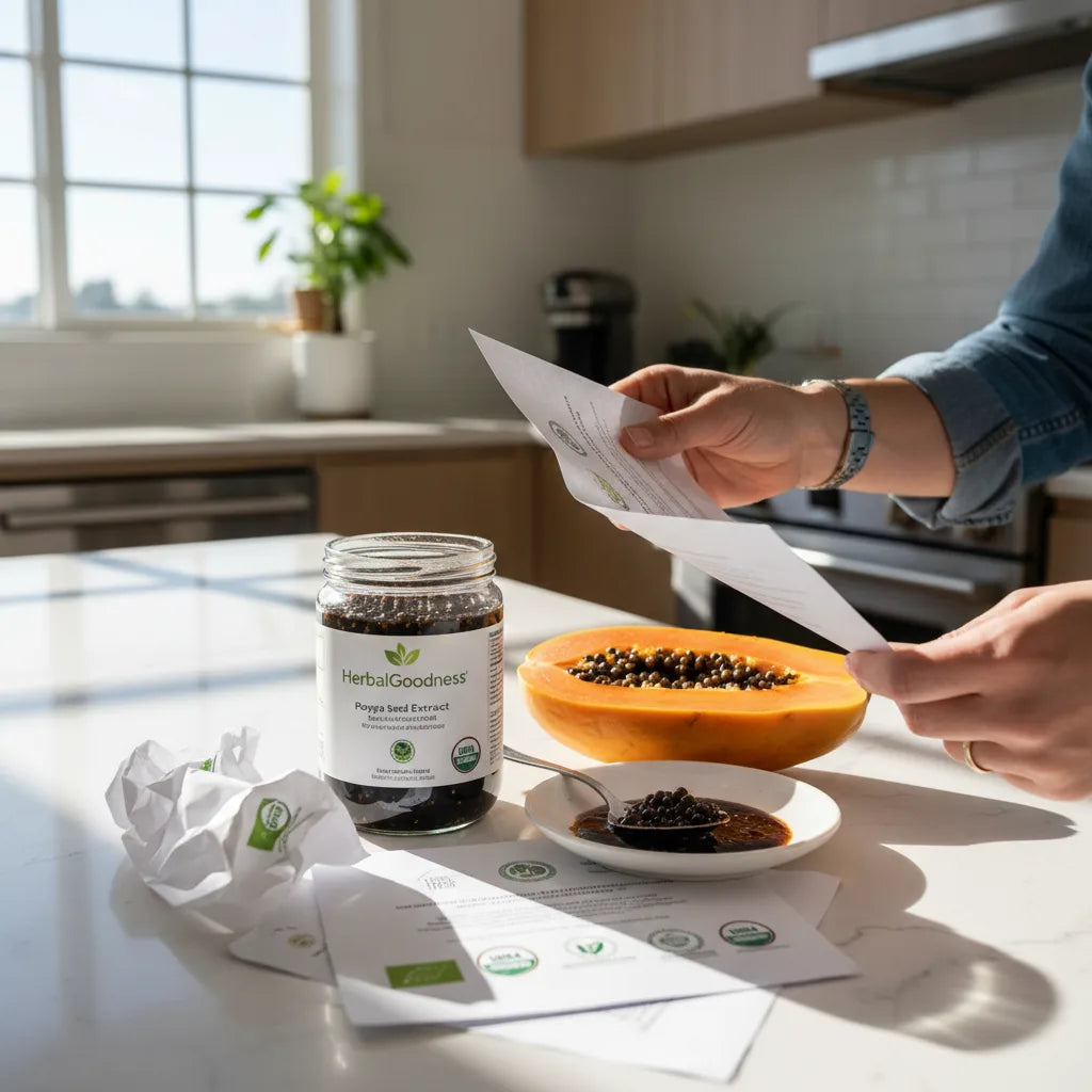 Organic papaya seed extract with certifications visible