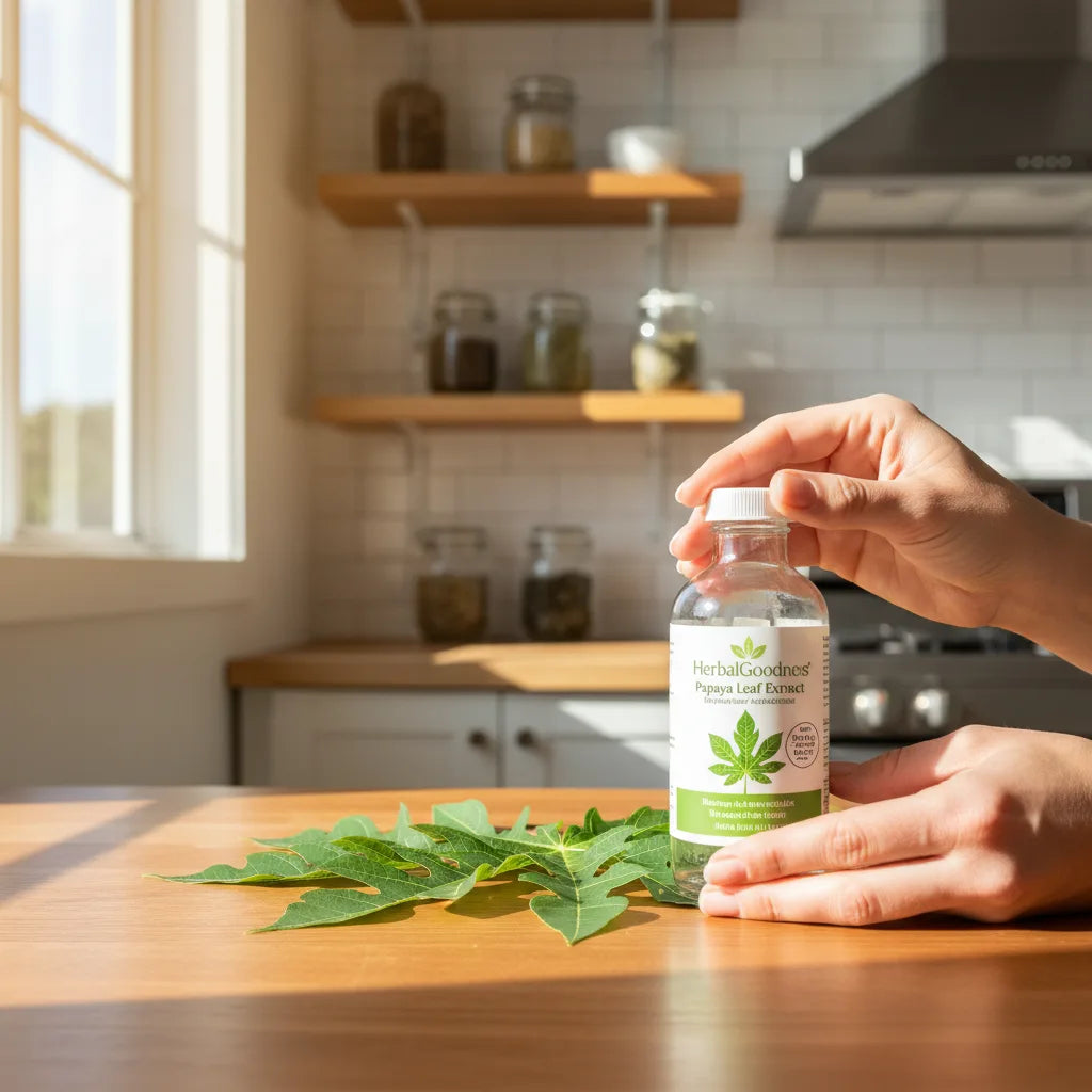 Checking papaya leaf extract label in kitchen