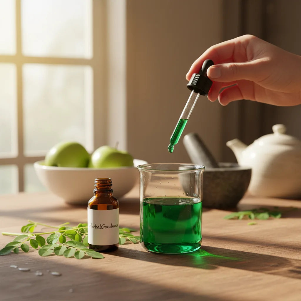 Hand dropping moringa liquid into glass