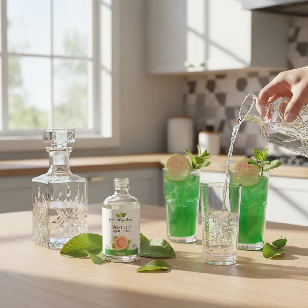 Guava leaf extract poured for vibrant mocktails