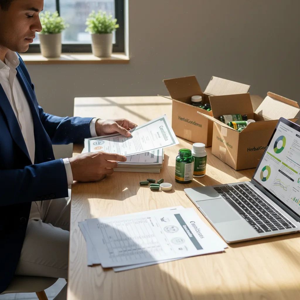 Auditor examines superfood capsules and documentation.