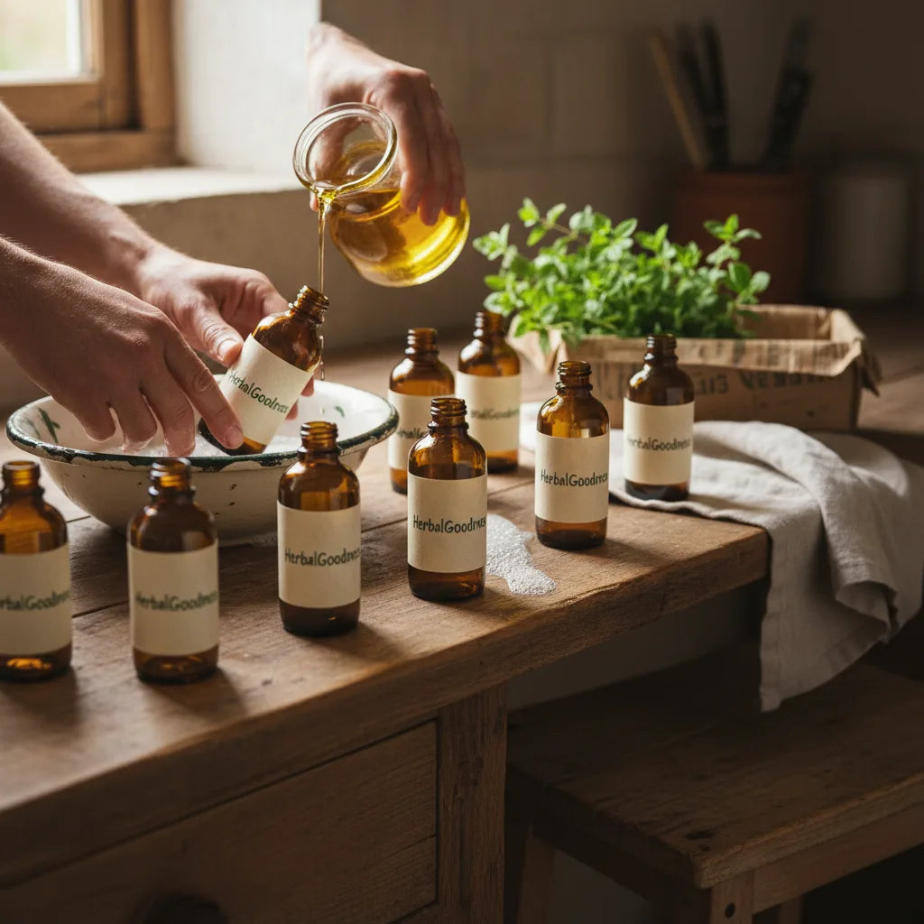 Hands clean and refill oregano oil bottles