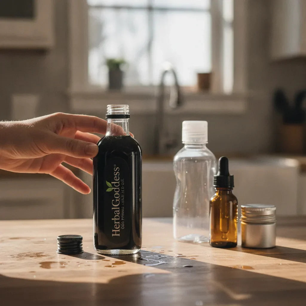 Hand selecting glass black seed oil bottle