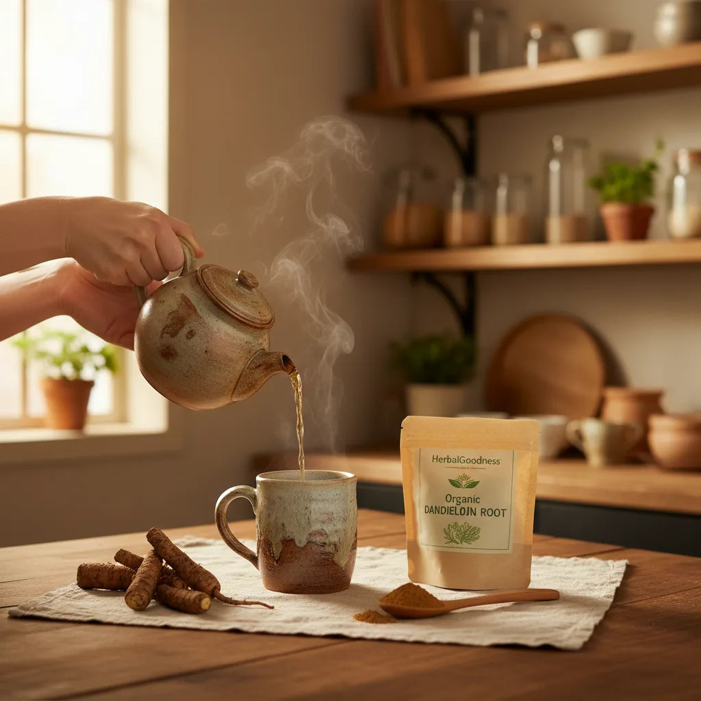Pouring herbal dandelion tea in home kitchen