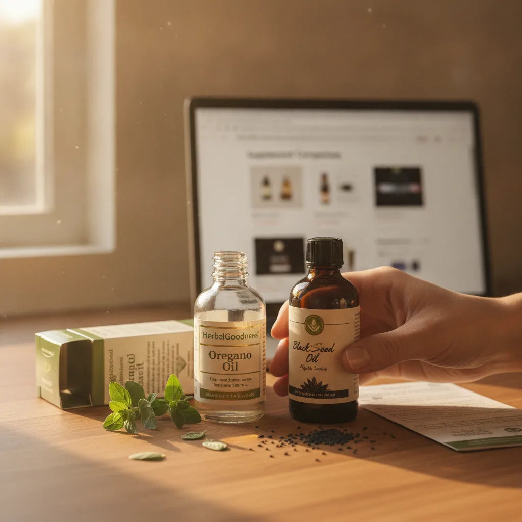 Person researching oregano black seed oil bottles