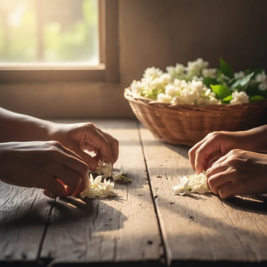 Hands sorting fresh jasmine flowers softly