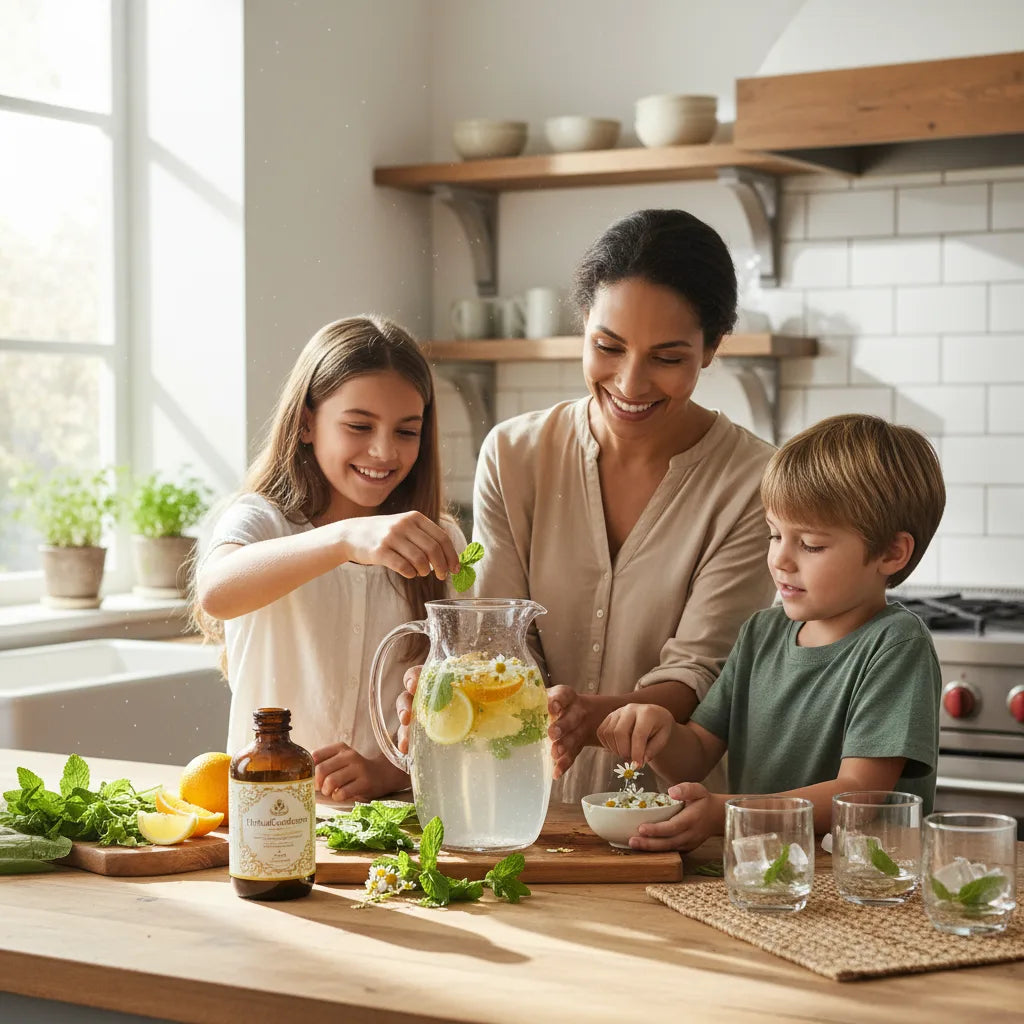 Family preparing herbal water in sunny kitchen