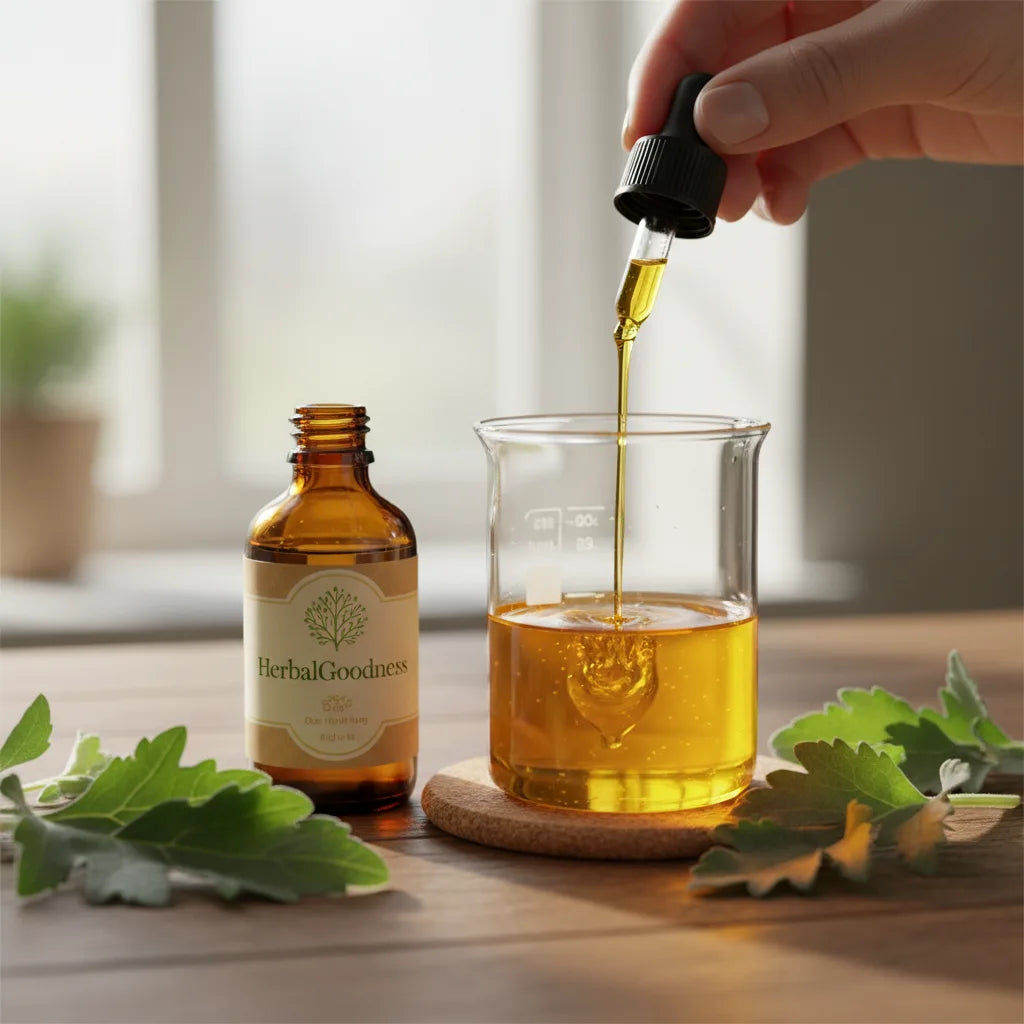 Pouring HerbalGoodness mullein extract into beaker