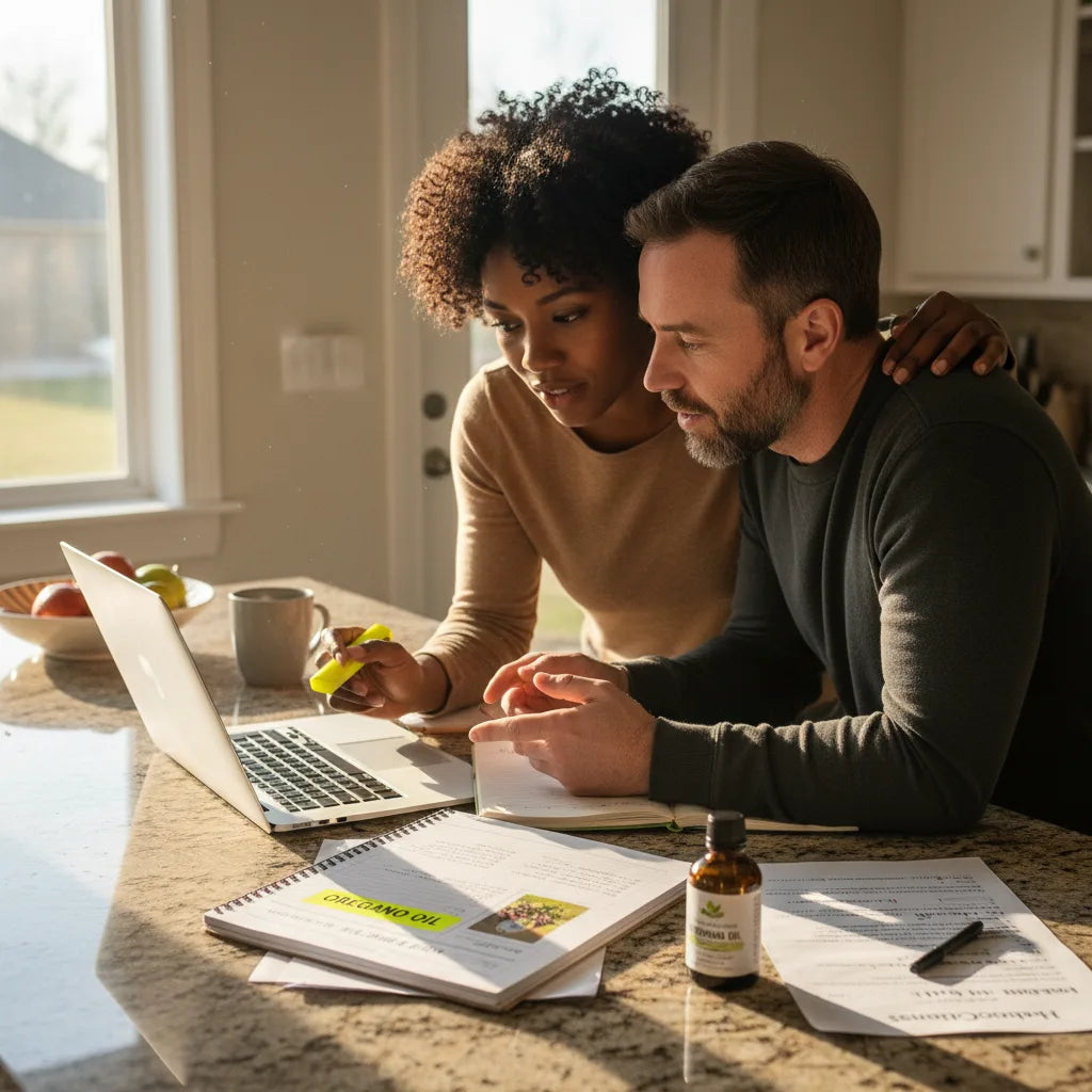 Couple evaluates oregano oil with laptop research