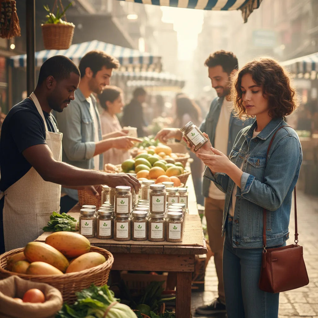 Busy farmers market showcasing papaya seed powder