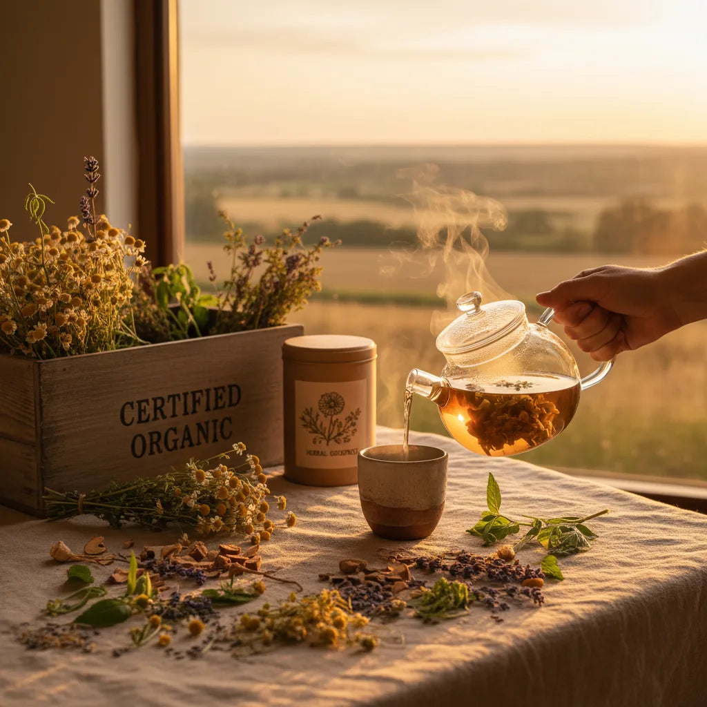 Fresh herbs and tea in rustic kitchen