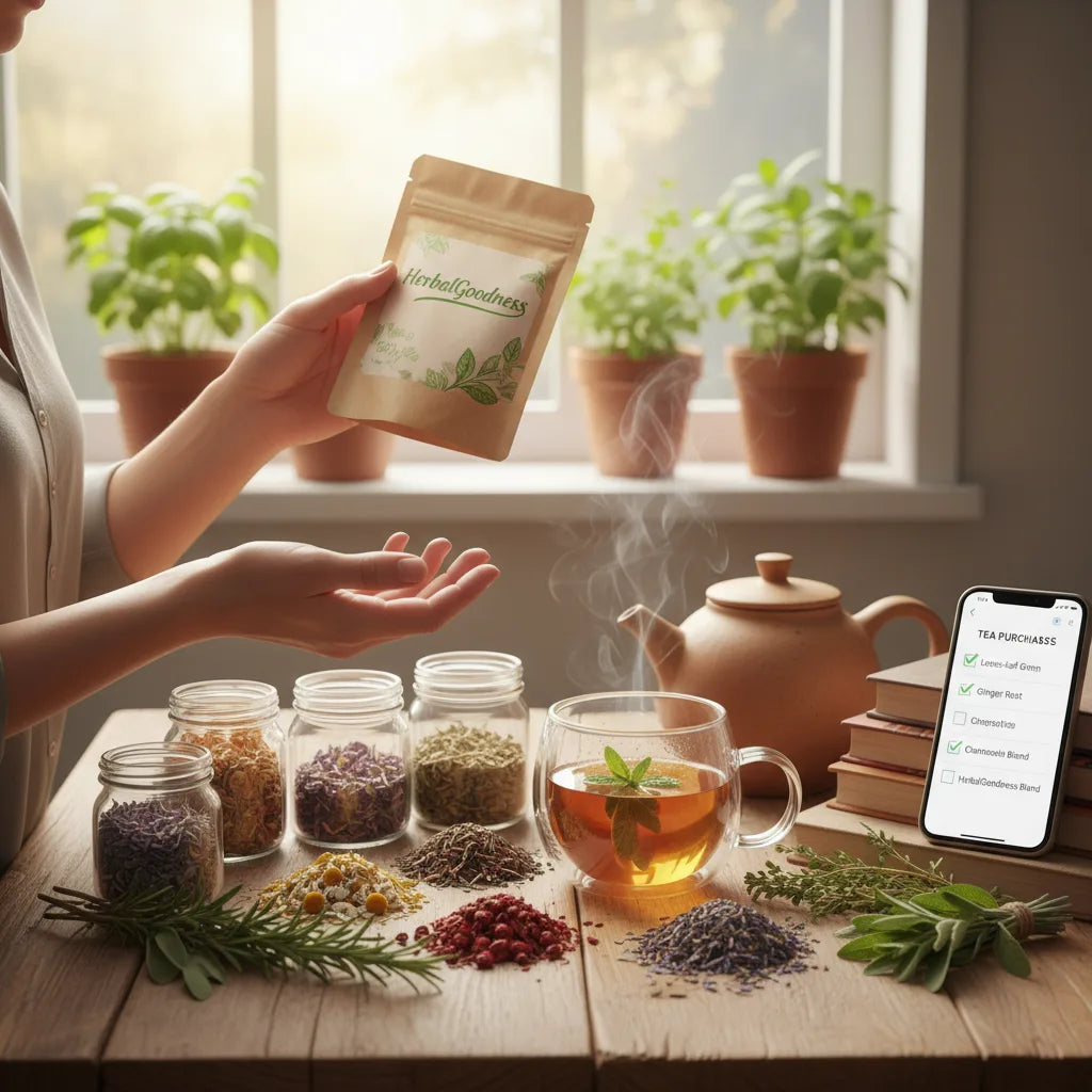Selecting clean herbal teas in home kitchen