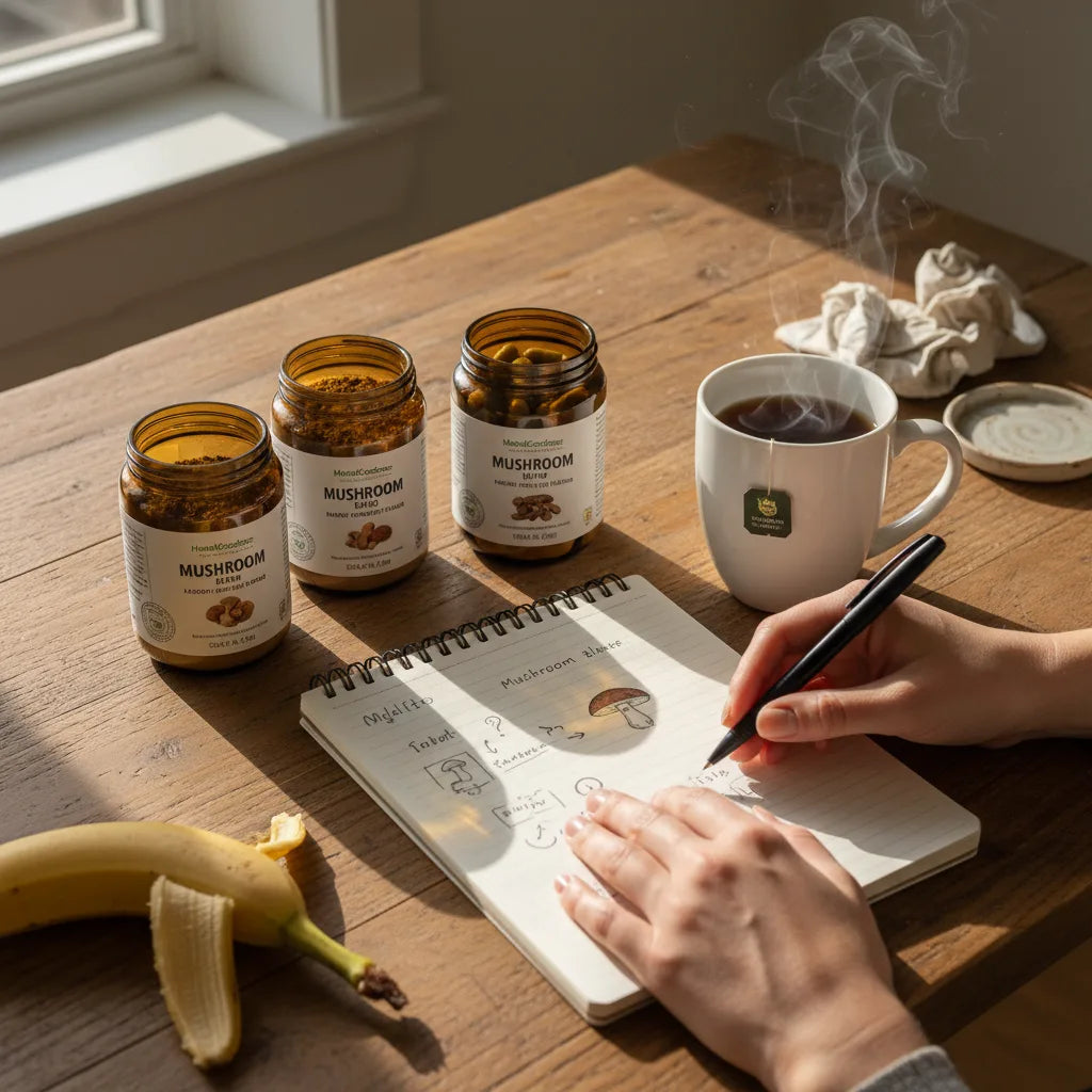 Curious morning testing mushroom blends at home