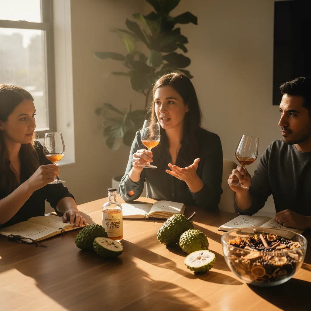 Tasting panel assessing soursop bitters together.