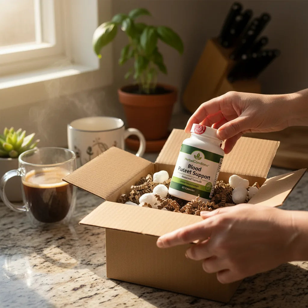 Hands unpacking supplement delivery at home.