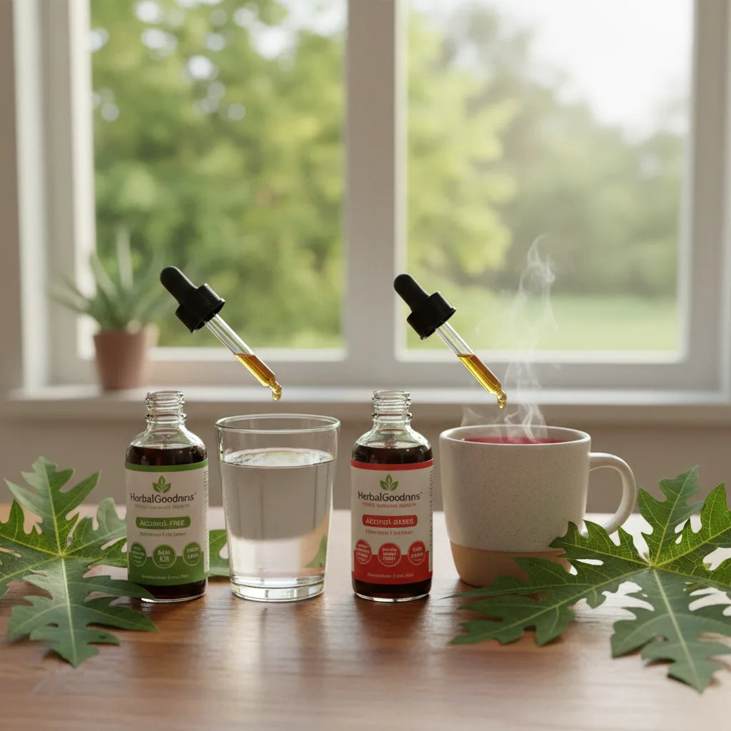 Alcohol‑Free vs. Alcohol‑Based Papaya Leaf Liquid Extracts: What the Extraction Solvent Means for Taste, Use, and Shelf Life_featured_image
