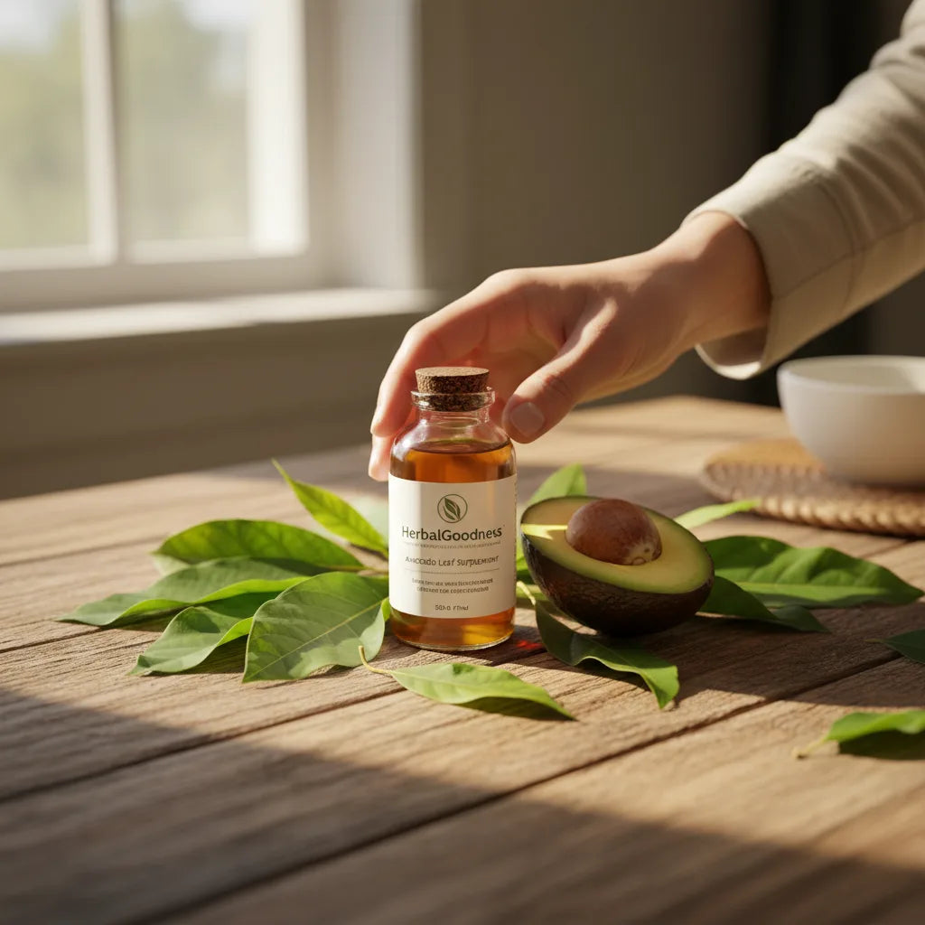 Hand reaching for avocado leaf supplement bottle