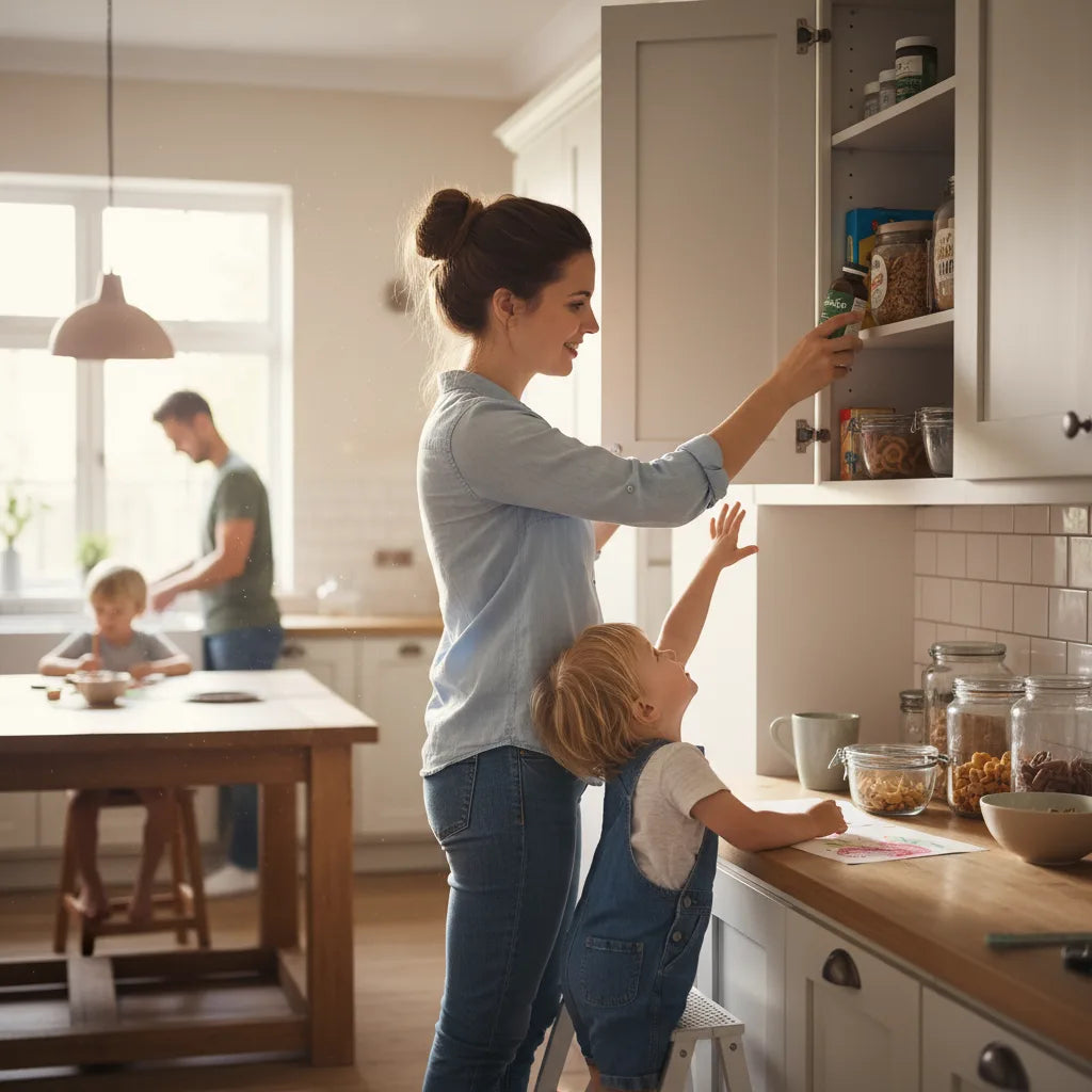 Parent storing supplement safely above child.