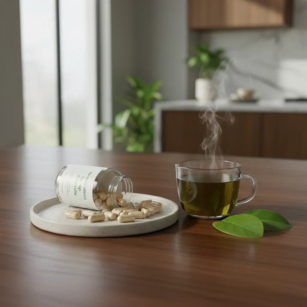 Soursop capsules, tea, leaves on table