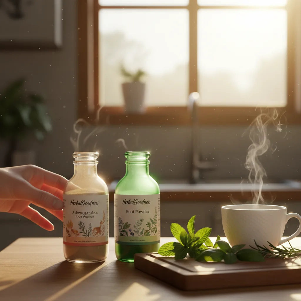 Hand chooses between ashwagandha supplement options