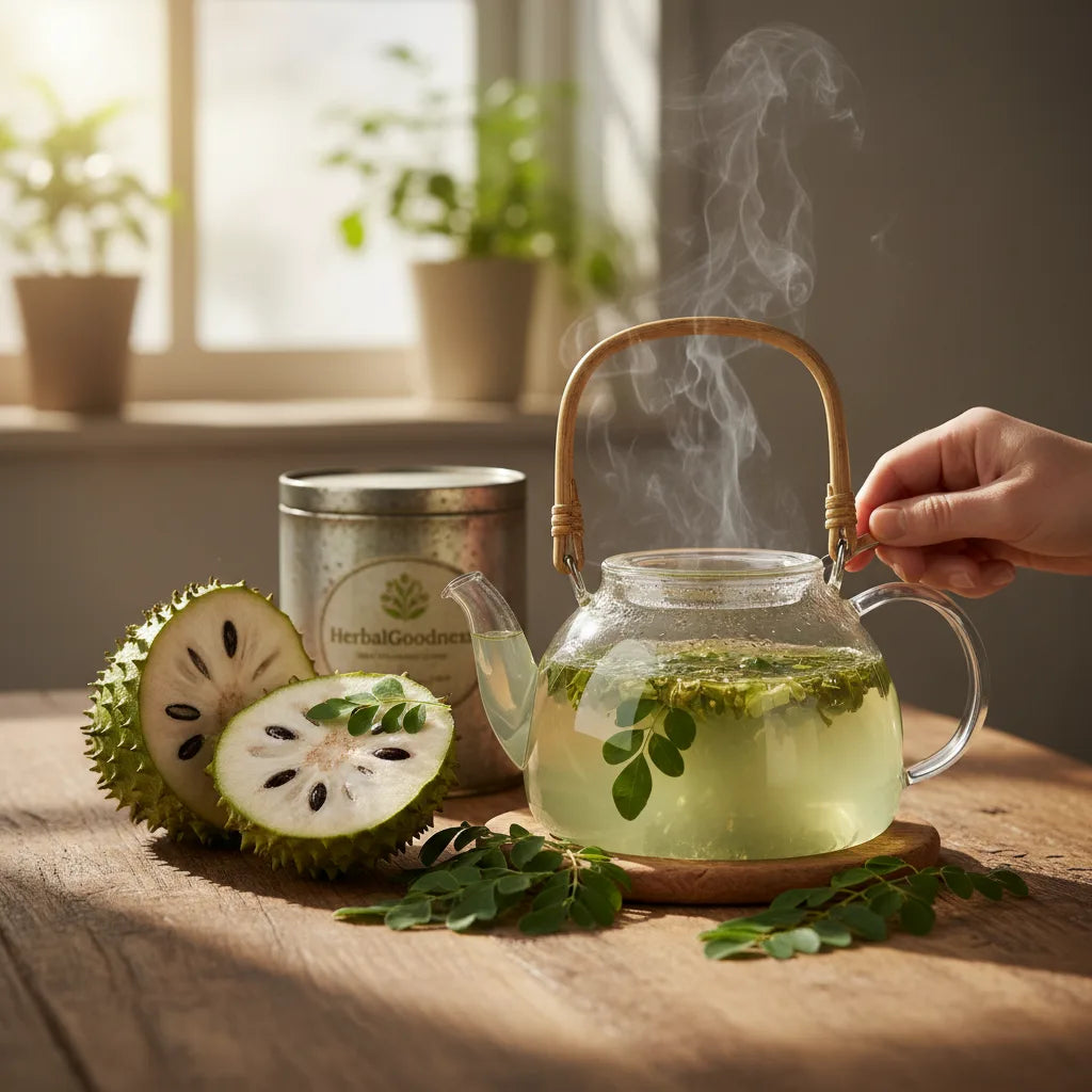 Soursop moringa tea brewing on kitchen table