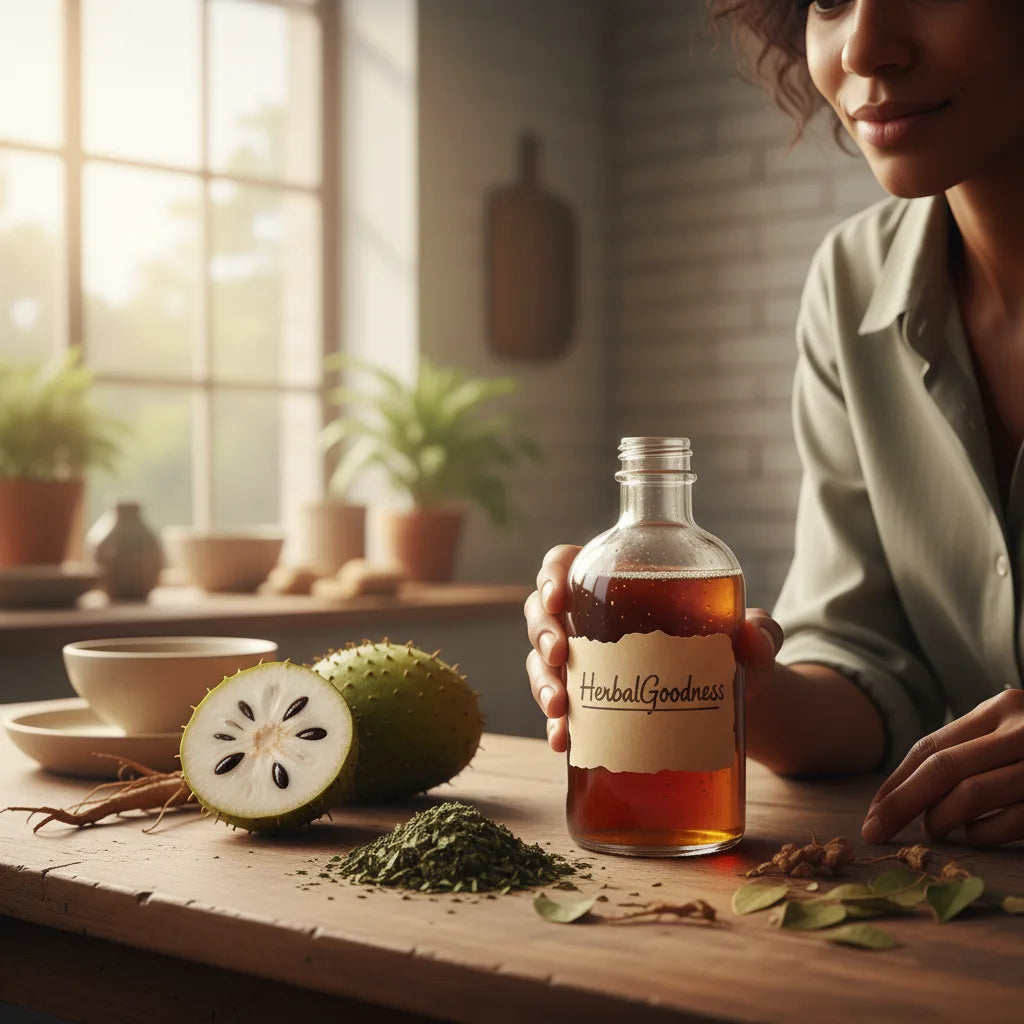 sampling HerbalGoodness bitters beside fresh soursop