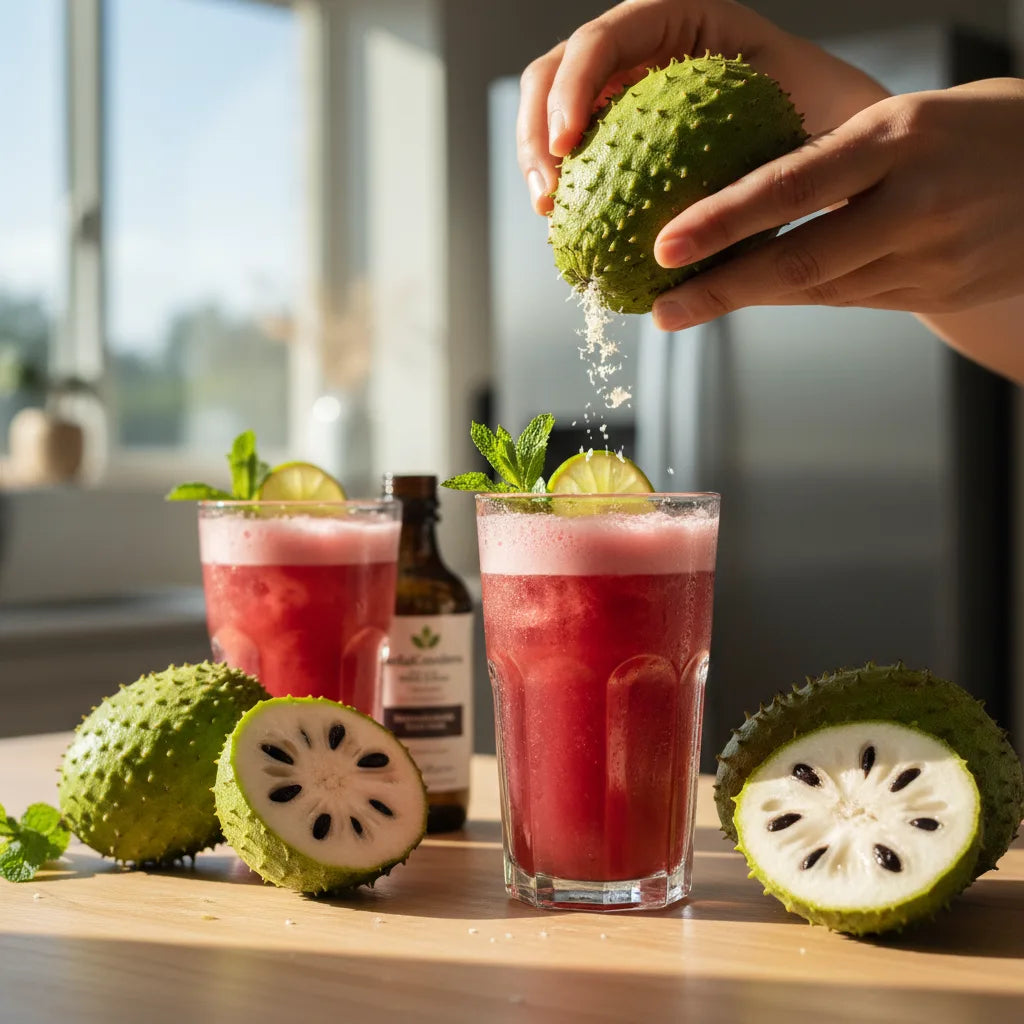 Hand zesting soursop into vibrant mocktail
