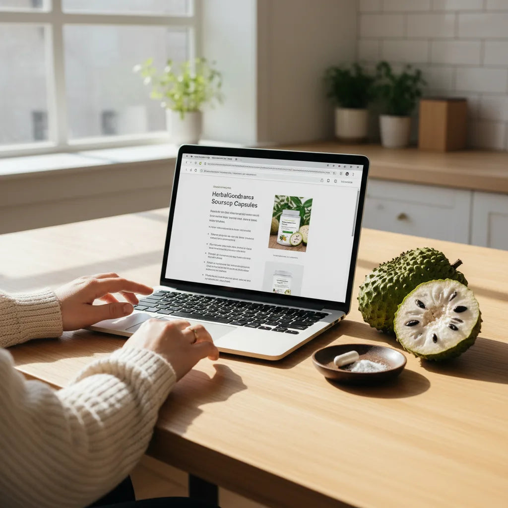 Browsing soursop capsule product page at home