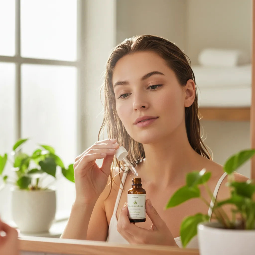 Woman applying HerbalGoodness serum in sunlight