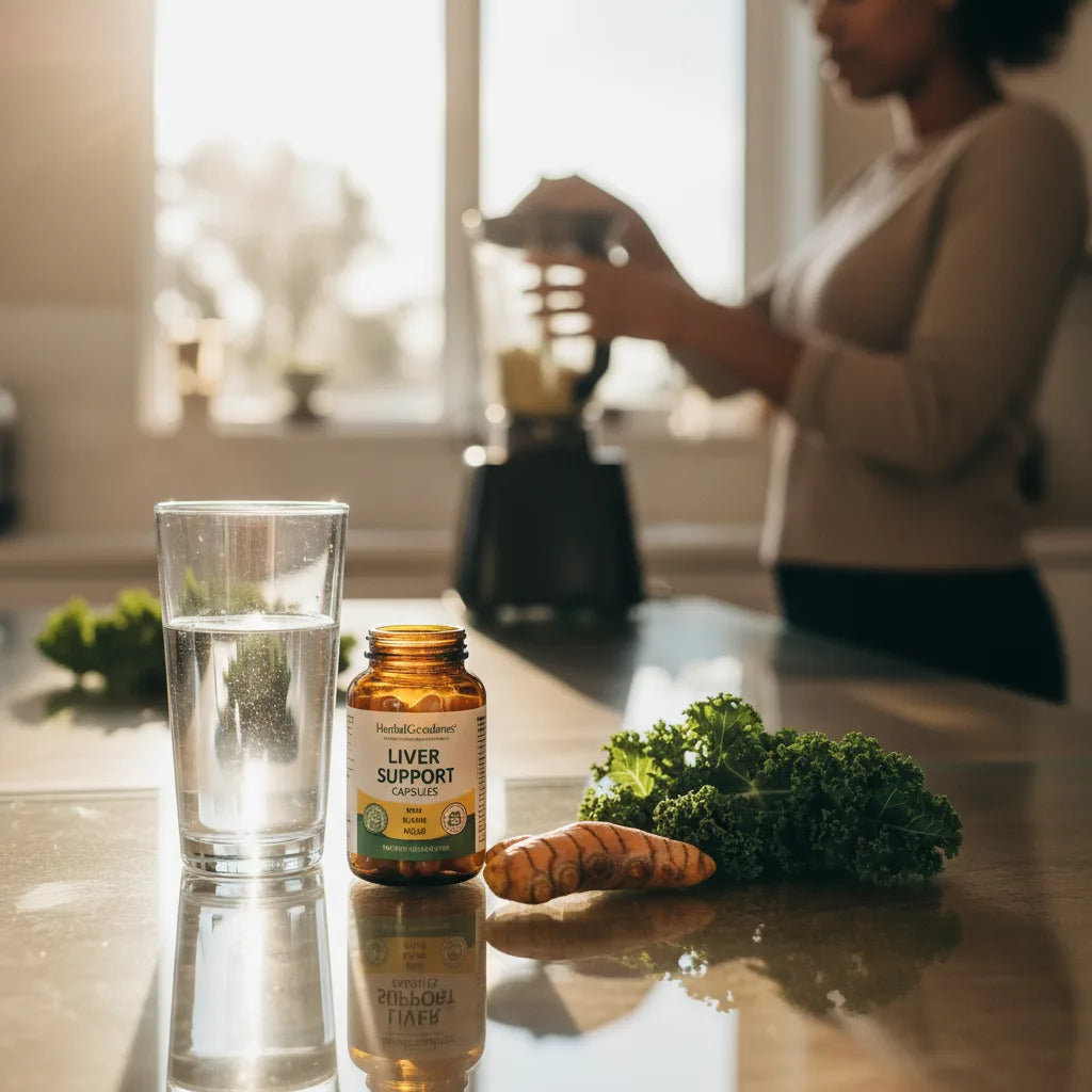 Liver supplement bottle with natural herbs