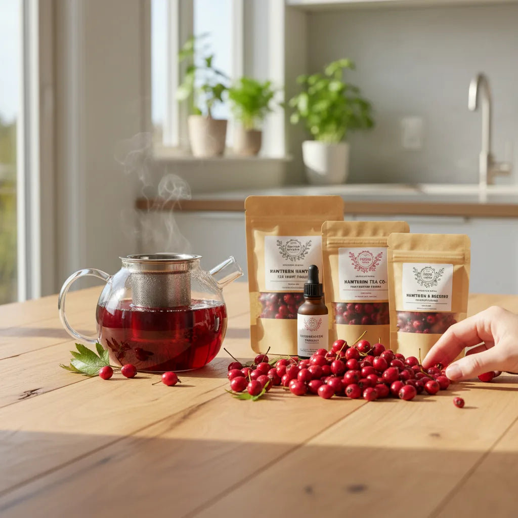 Hawthorn products and berries on kitchen table