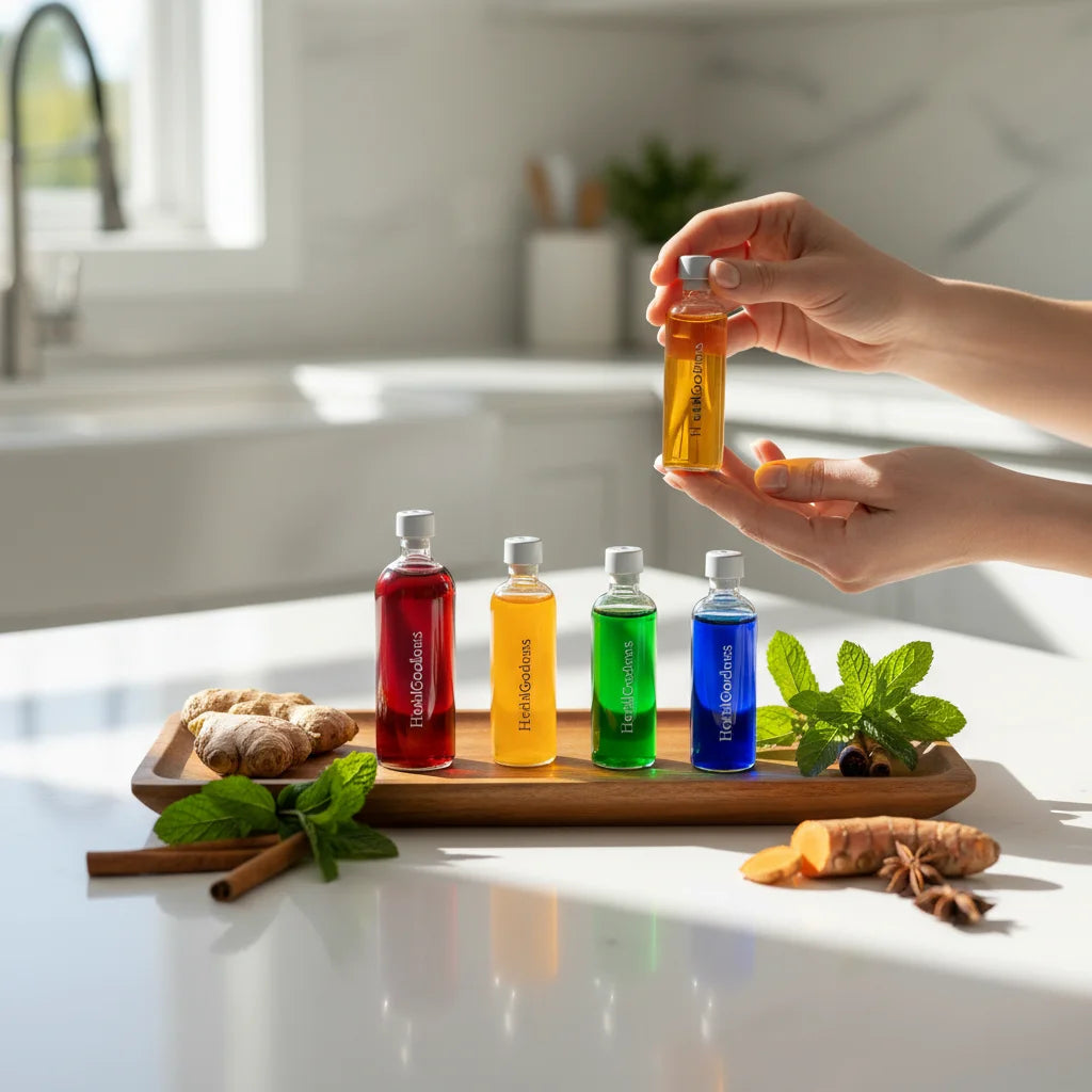 Hands exploring herbal vials in sunlight kitchen