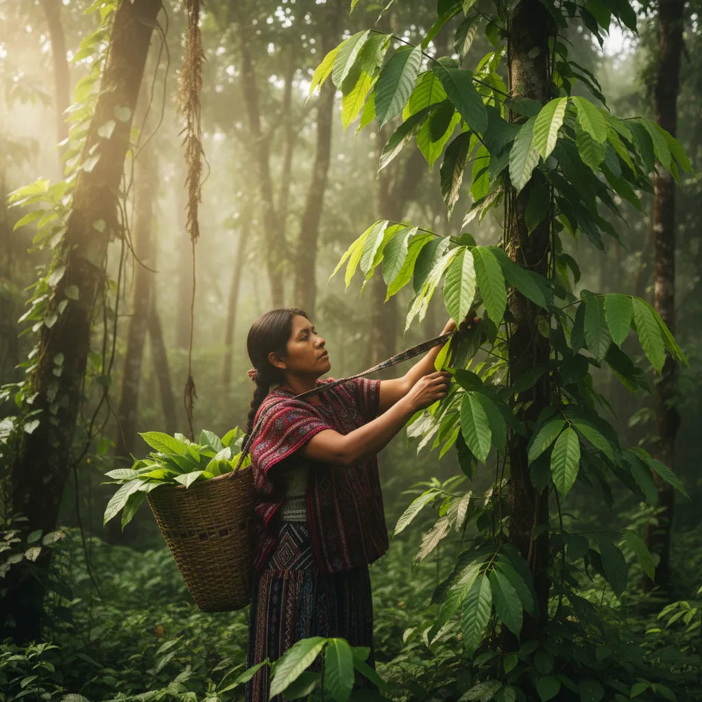 Woman harvesting guayusa leaves in forest