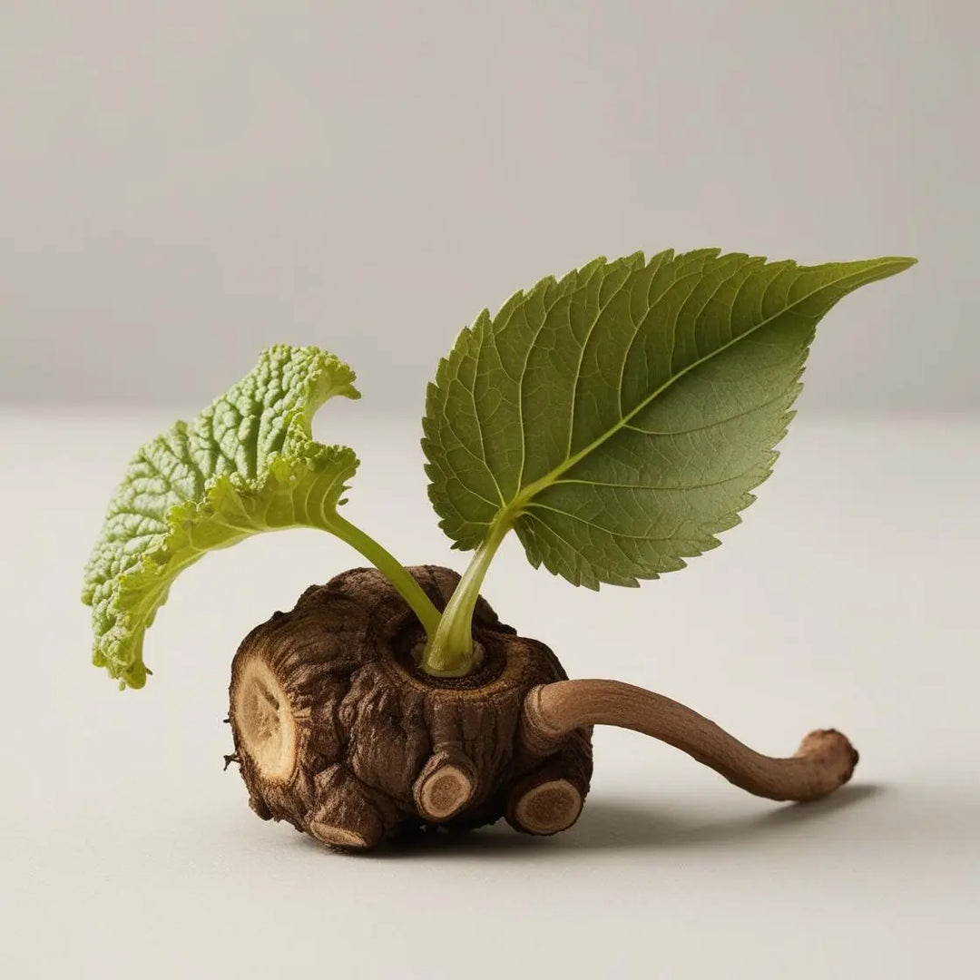 Green fern frond and dried roots symbolize natural muscle relaxants like Valerian root tea