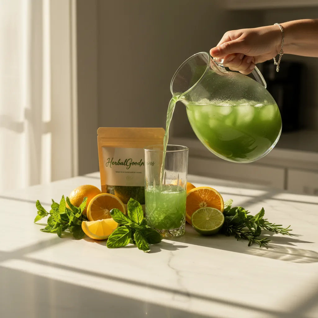 Moringa mocktail poured in sunlit kitchen