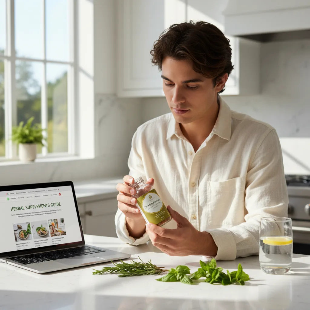 Person examines HerbalGoodness bottle with sunlight